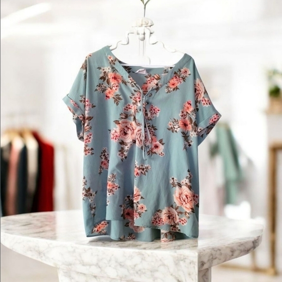 Flower & Feathers Aqua and Pink Floral Tie Front Blouse Size 3XL - Picture 1 of 10
